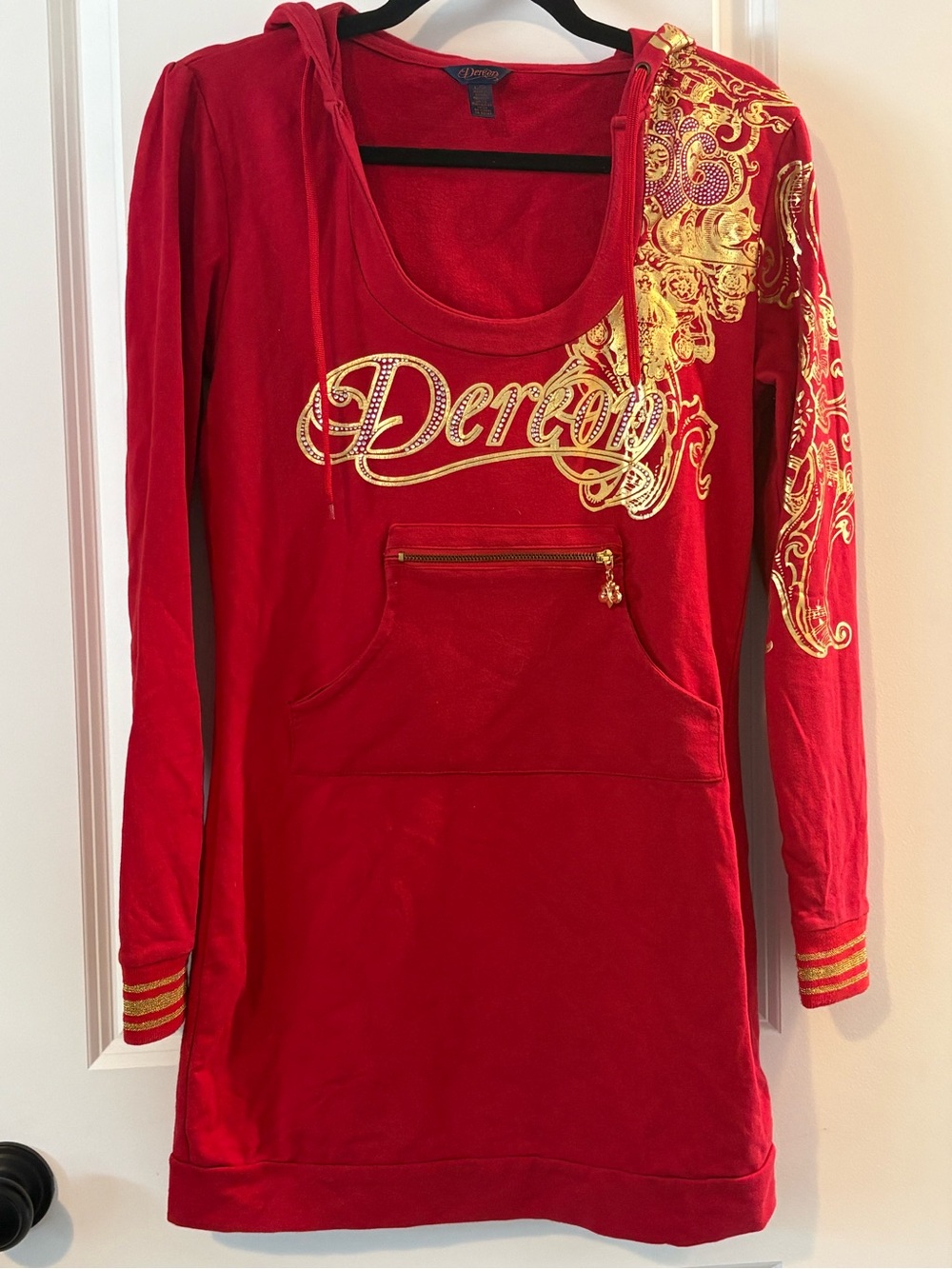 VTG House of Dereon Red & Gold Rhinestone Logo Hoodie Dress - Beyonce Y2K